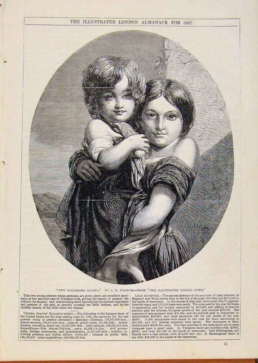 Original Old Antique Print London Almanack Two Yorkshire Bairns 1867 Victorian