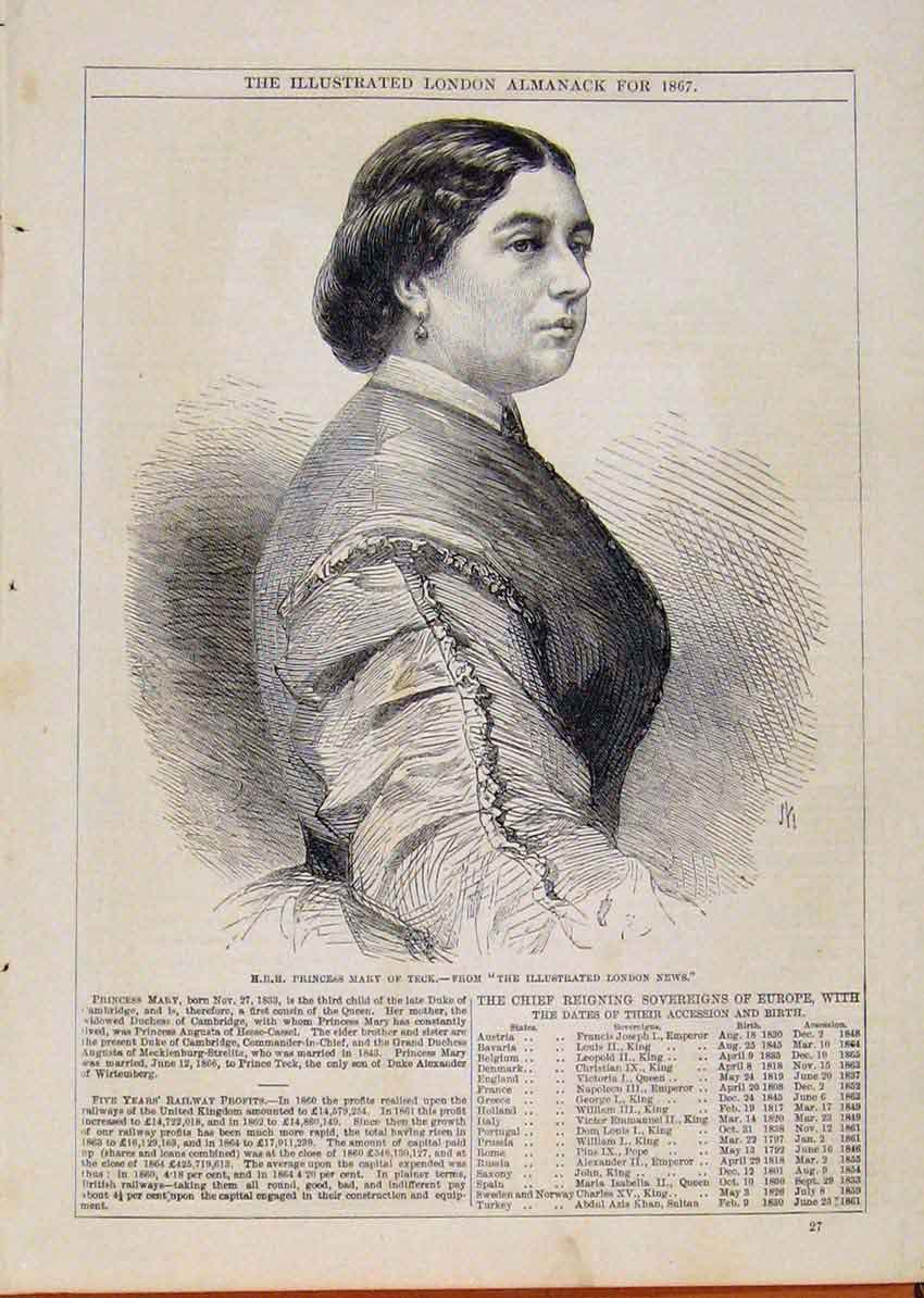 Original Old Antique Print London Almanack Princess Mary Teck 1867 Victorian