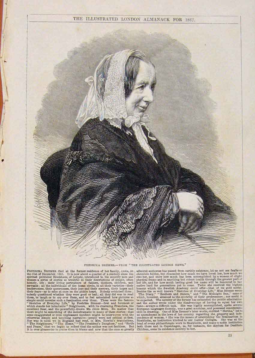 Original Old Antique Print London Almanack Fredrika Bremer 1867 Portrait 19th