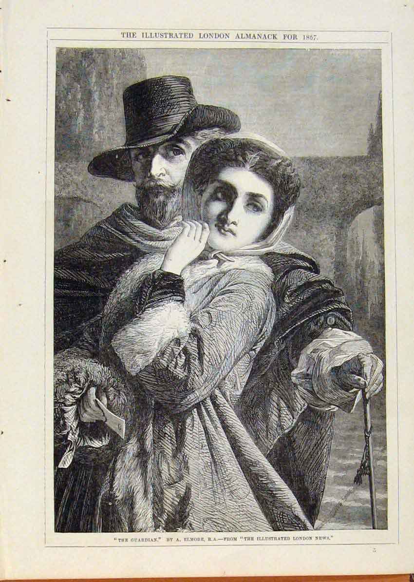 Original Old Antique Print London Almanack Guardian By Elmore 1867 Victorian