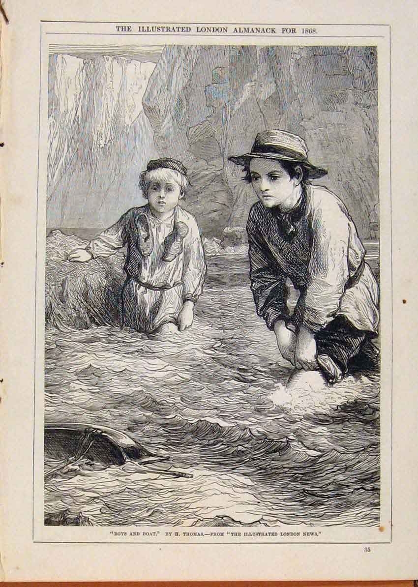 Original Old Antique Print London Almanack Boys And Boat By Thomas 1868 19th