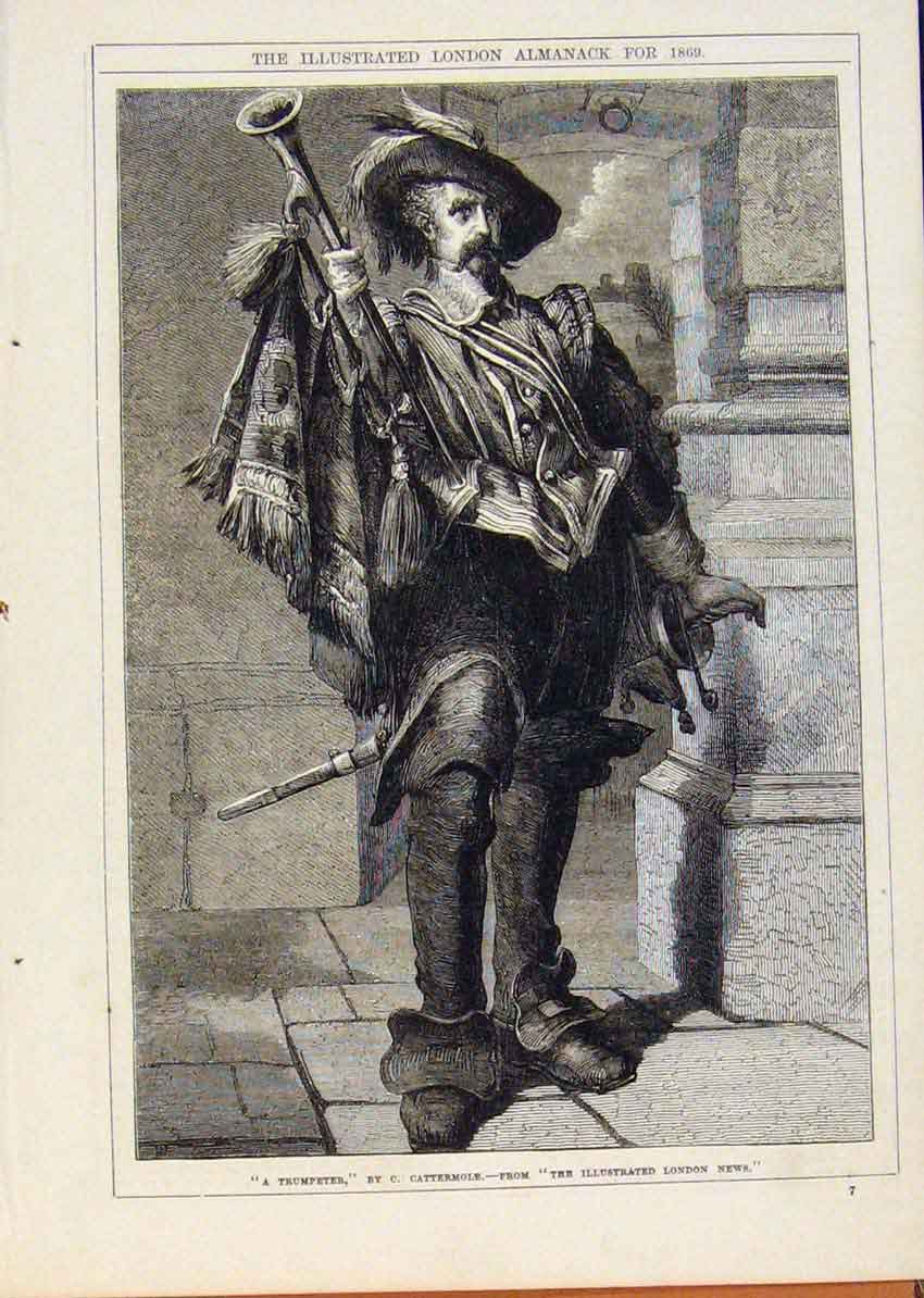 Original Old Antique Print London Almanack Trumpeter By Cattermole 1869 19th