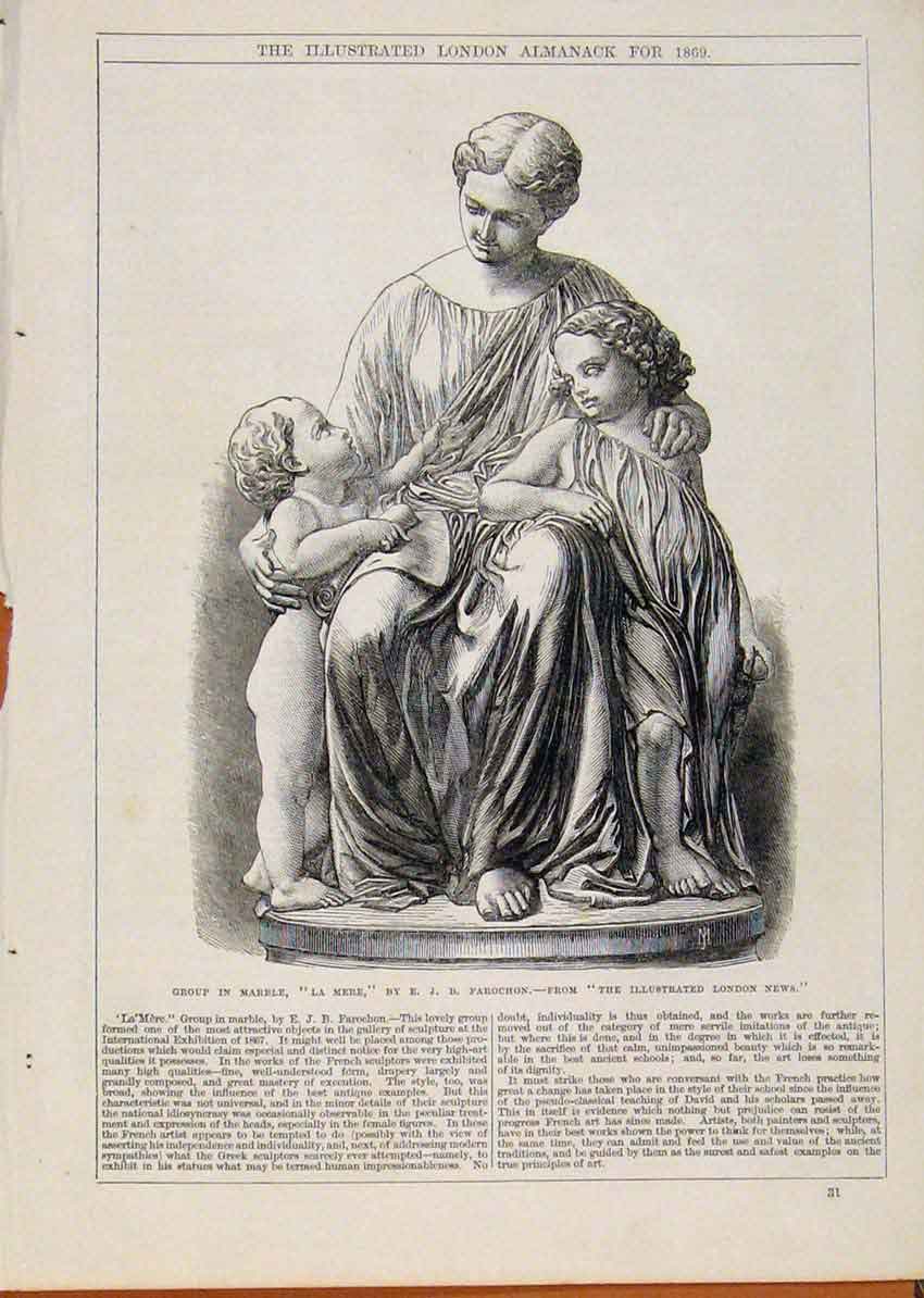 Original Old Antique Print London Almanack Gourp In Marble Statue 1869 Victorian