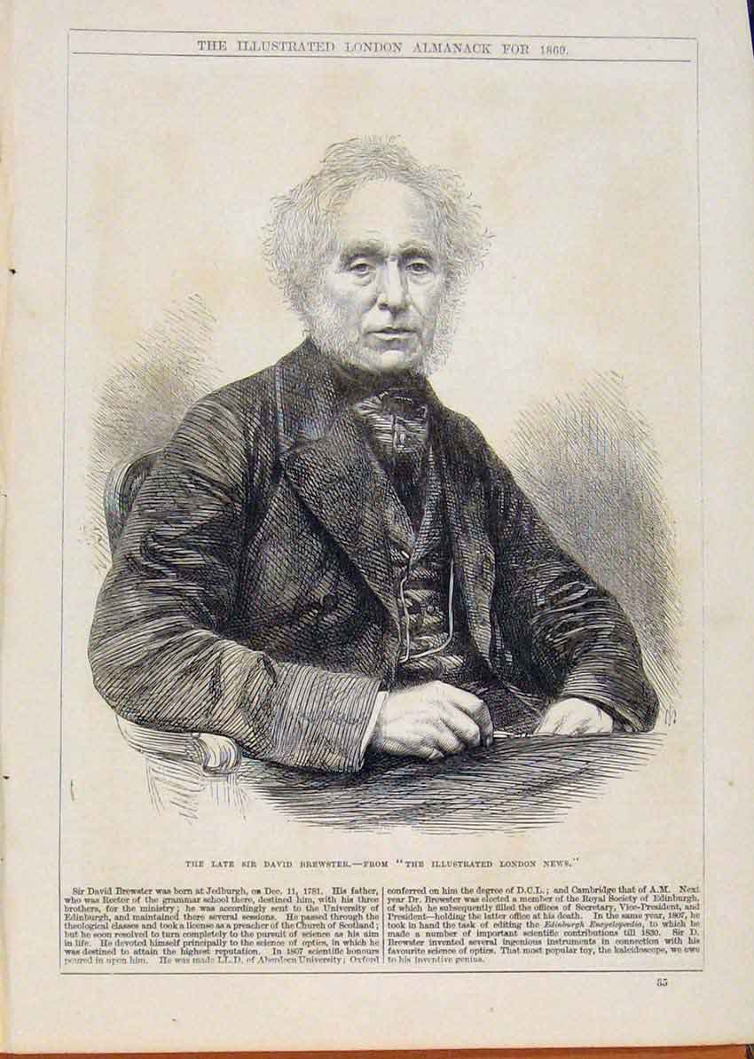 Original Old Antique Print London Almanack Late Sir David Brewster 1869 19th