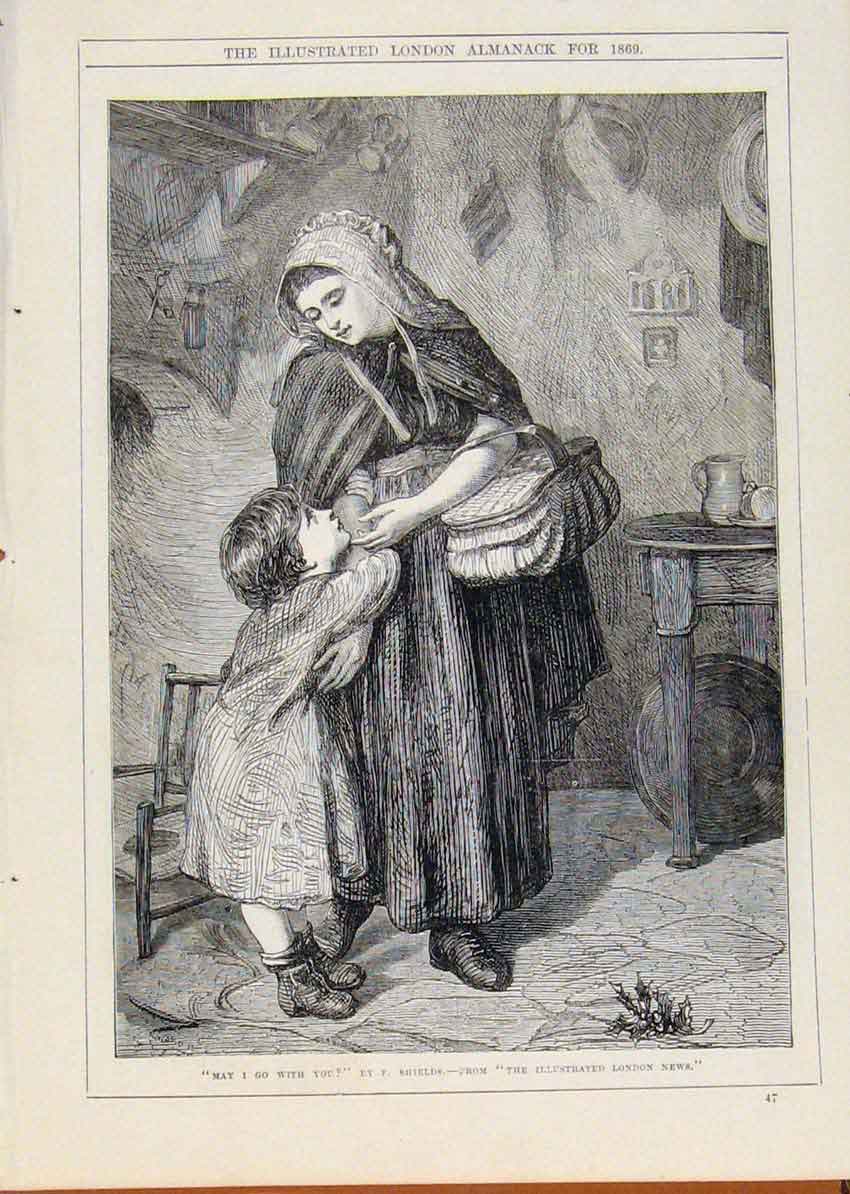 Original Old Antique Print London Almanack May I Go With You Child Mother 1869