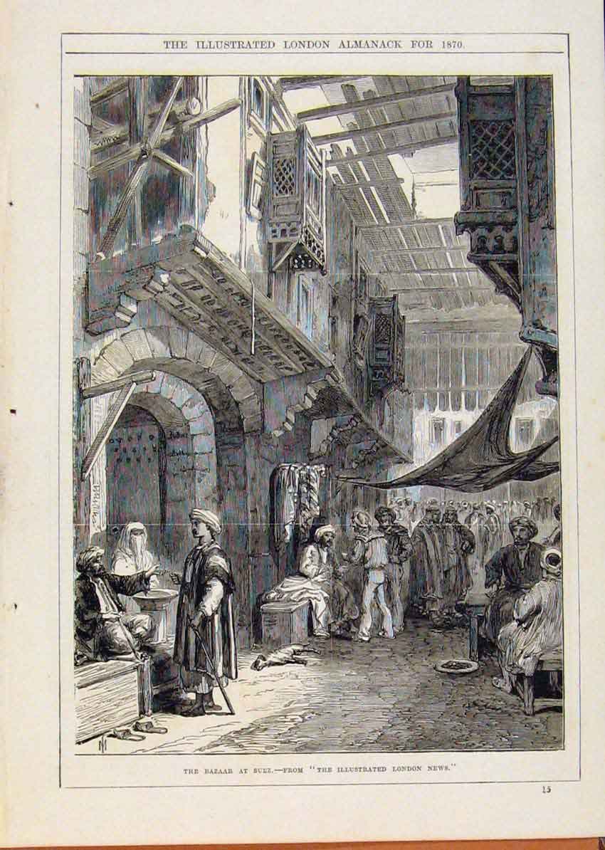 Original Old Antique Print London Almanack Bazaar Suex 1870 19th