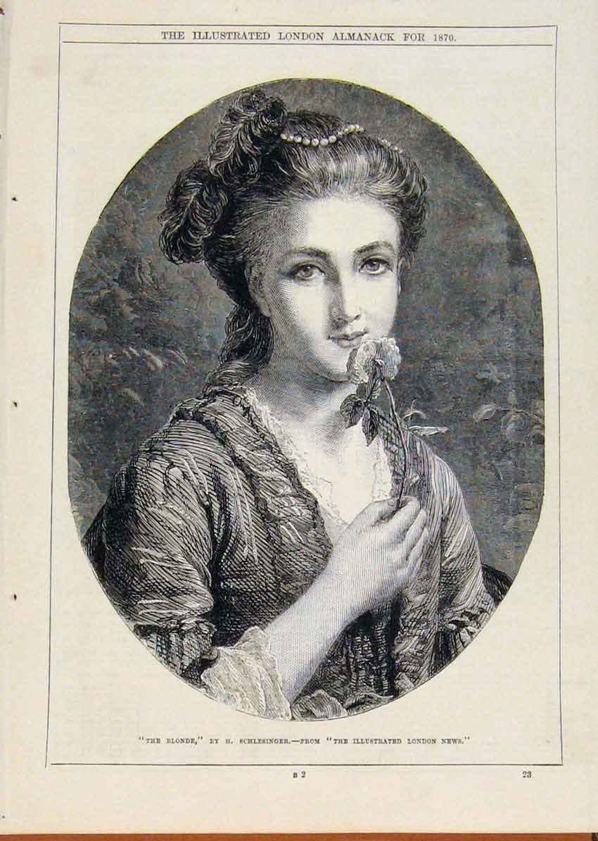 Original Old Antique Print London Almanack Blonde By Schlesinger 1870 Victorian