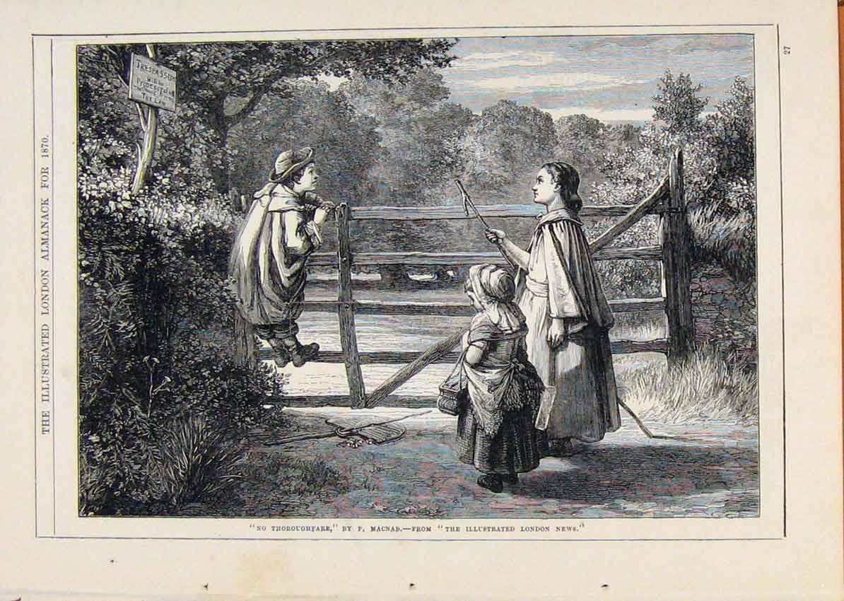 Original Old Antique Print London Almanack No Thoroughfare 1870 Mother Child