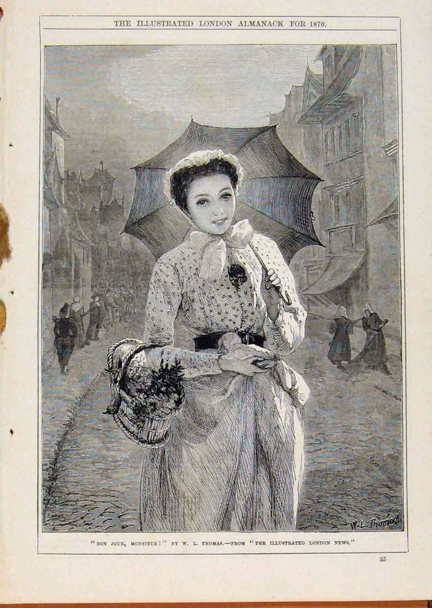 Original Old Antique Print London Almanack Bon Jour Monsieur 1870 Portrait Lady