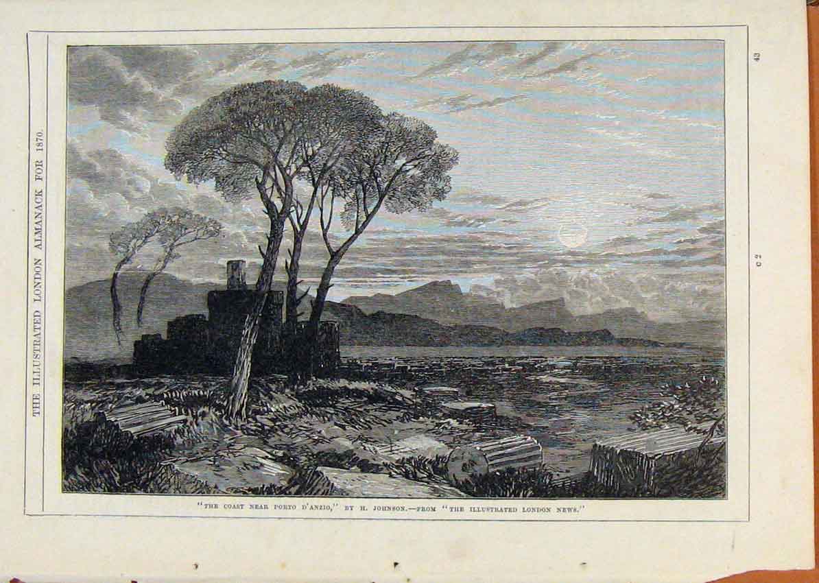 Original Old Antique Print London Almanack Coast Near Porto Danzio 1870 19th