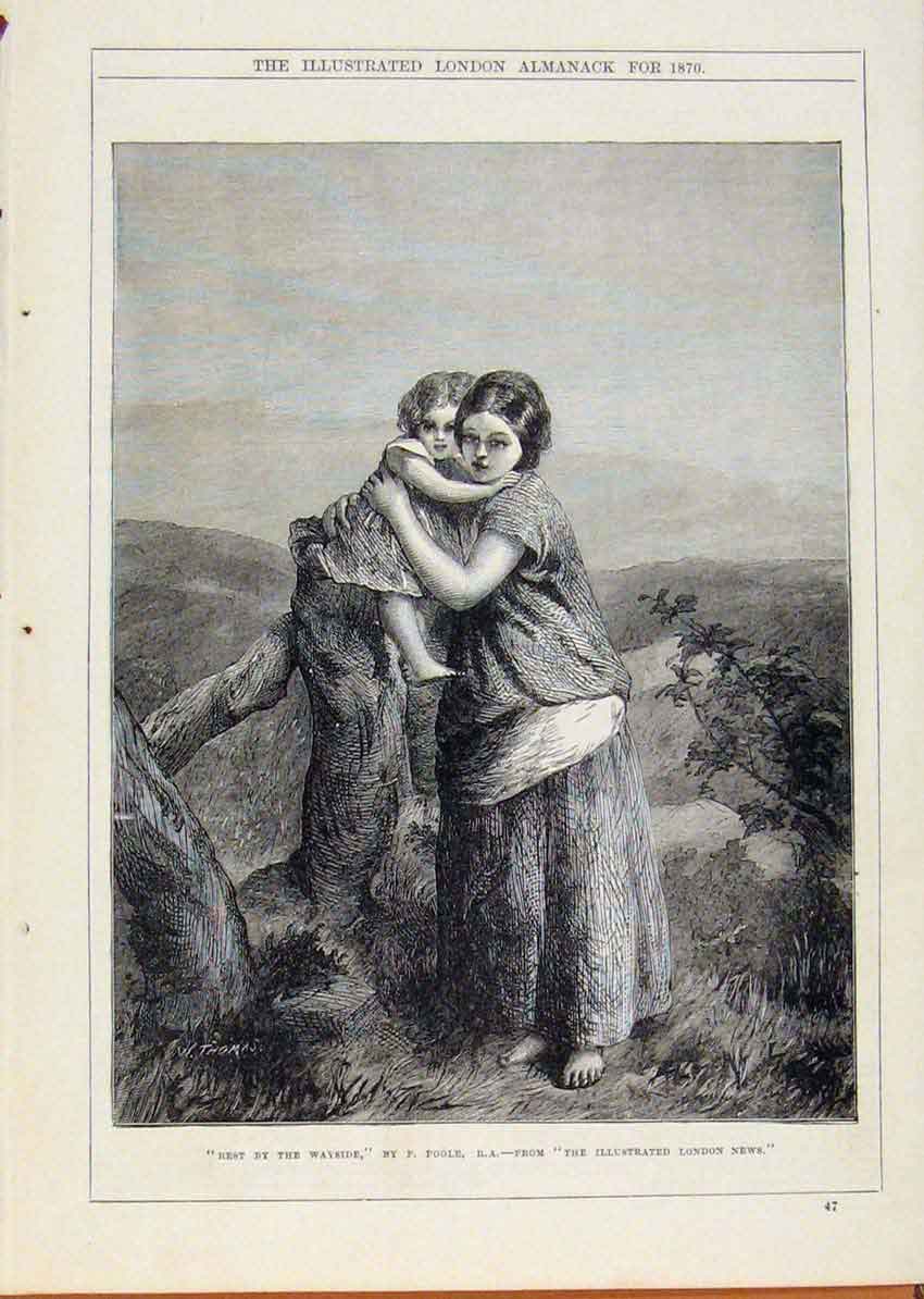 Original Old Antique Print London Almanack Rest By Wayside 1870 19th