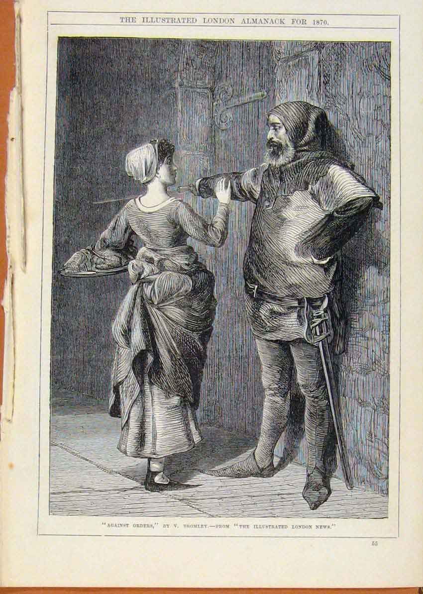 Original Old Antique Print London Almanack Against Orders By Bromley 1870 19th