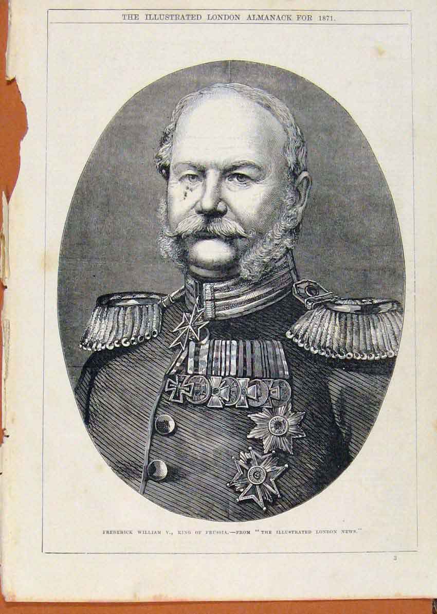 Original Old Antique Print London Almanack Frederick William V King Prussia 1871