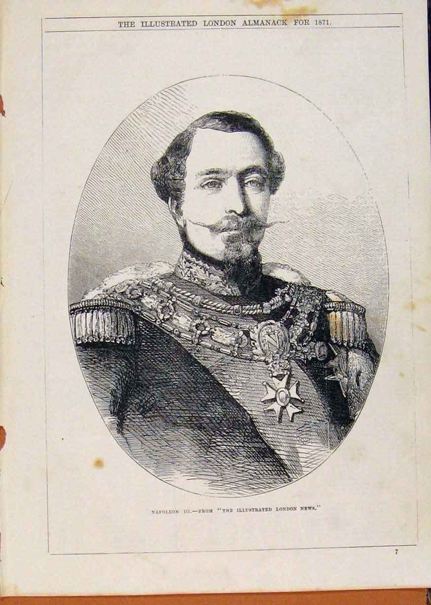 Original Old Antique Print London Almanack Napoleon 111 Portrait 1871