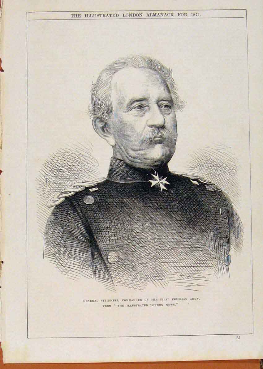Original Old Antique Print London Almanack General Steinmetz Prussian Army 1871