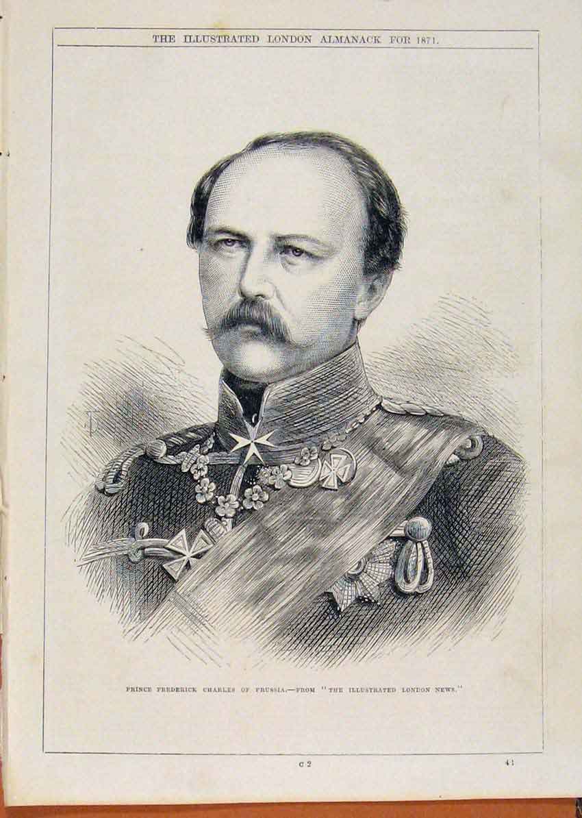 Original Old Antique Print London Almanack Prince Frederick Charles Prussia 1871