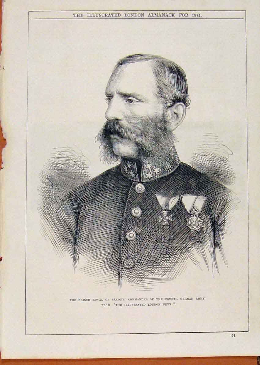 Old Antique Print London Almanack Prince Royal Saxony Gourth German Army