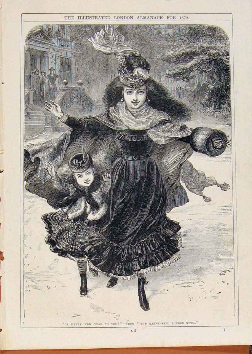 Original Old Antique Print London Almanack Happy New Year Mother Child 1872 19th