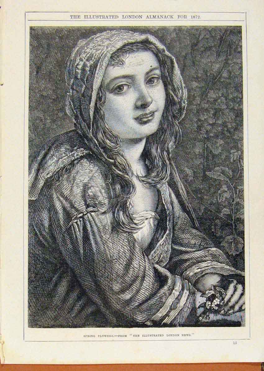 Original Old Antique Print London Almanack Spring Flowers Girl 1872 Victorian
