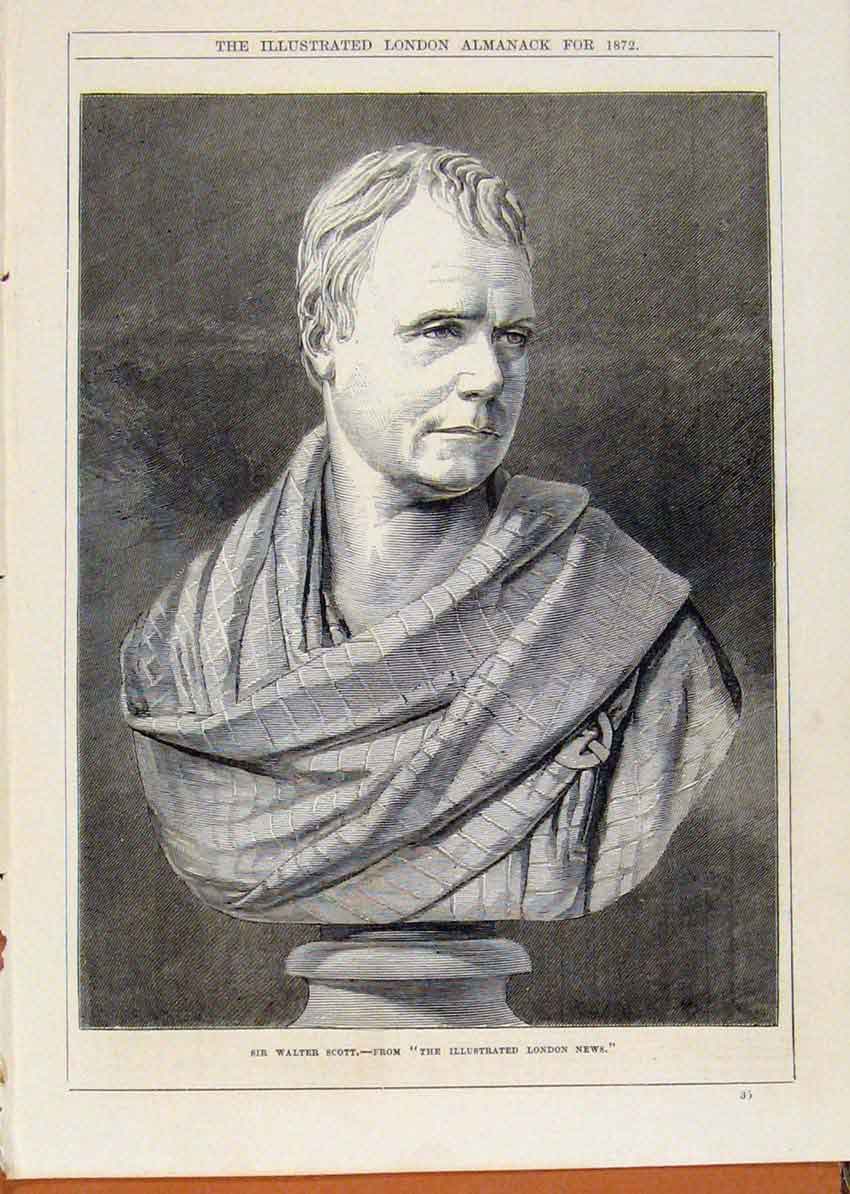 Original Old Antique Print London Almanack Sir Walter Scott 1872 Statue Portrait