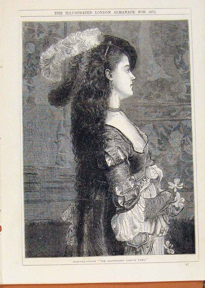 Original Old Antique Print London Almanack Narcissa Portrait 1872 19th