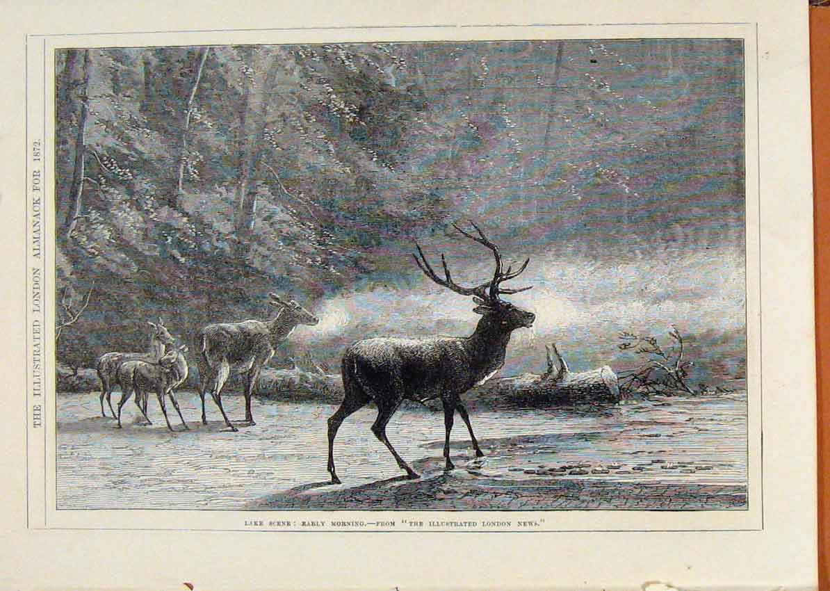 Original Old Antique Print London Almanack Lake Scene Deer Early Morn 1872 19th