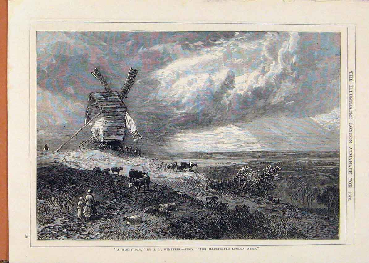 Original Old Antique Print London Almanack Windy Day By Wimperis 1873 Victorian