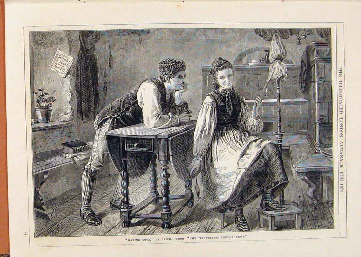 Original Old Antique Print London Almanack Making Love 1873 By Lasch Victorian
