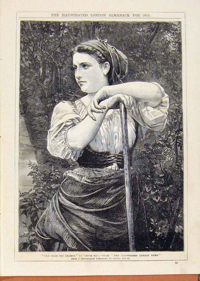 Original Old Antique Print London Almanack Une Fille Des Champs By Douge 1873