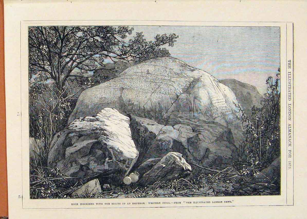 Original Old Antique Print London Almanack Rock Inscribed Edict Emperor India