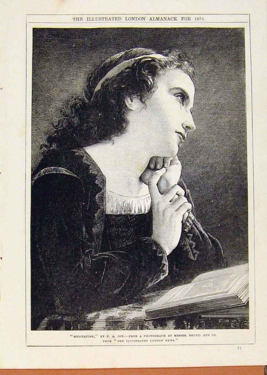 Original Old Antique Print London Almanack Girl In Meditation 1874 Victorian