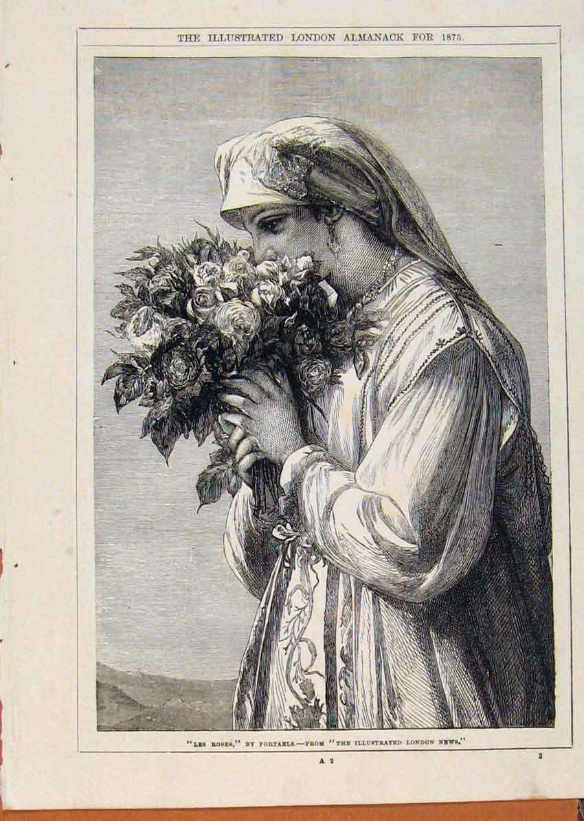Original Old Antique Print London Almanack Lee Roses 1875 19th Century
