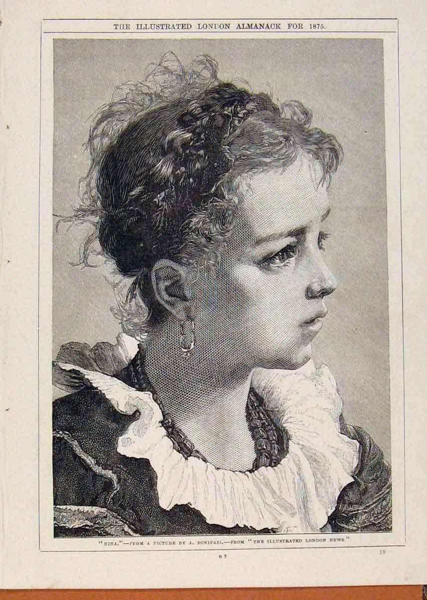 Original Old Antique Print London Almanack Nina By Bonifazi Portrait 1875 19th