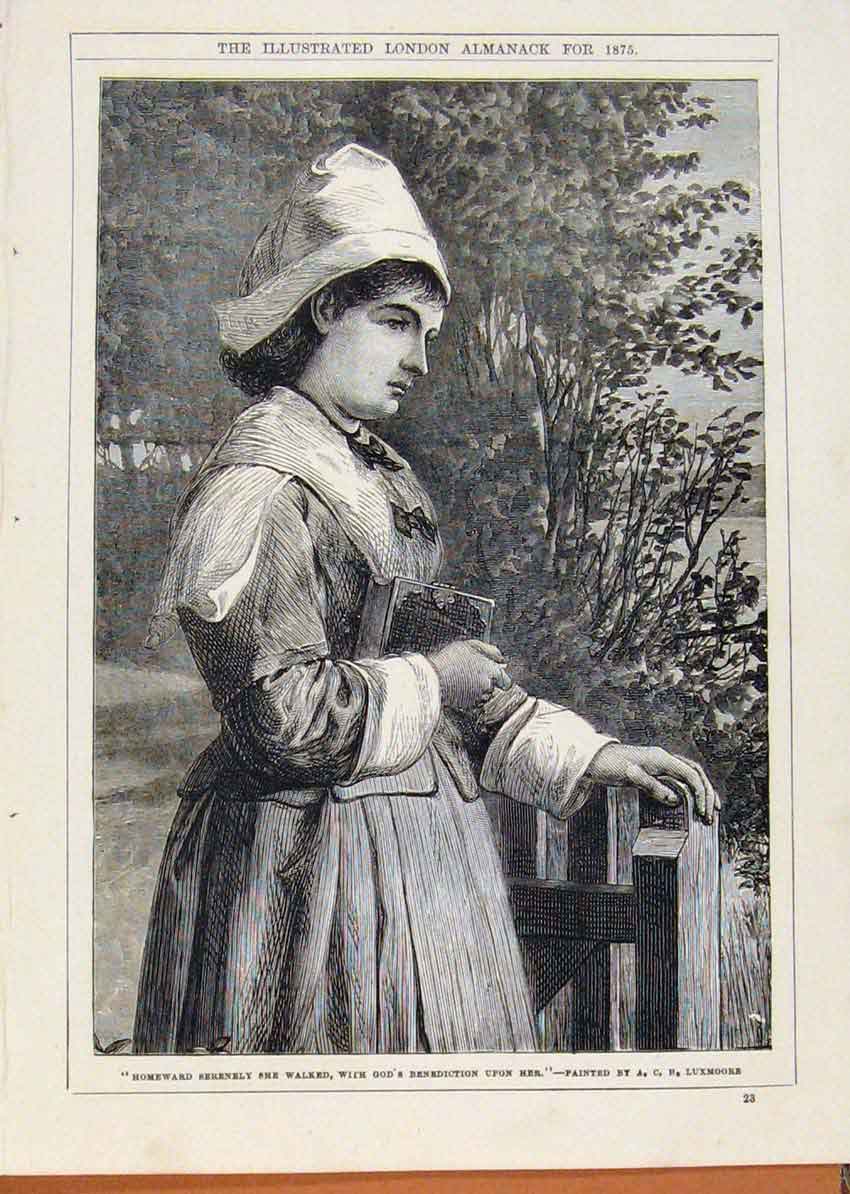 Original Old Antique Print London Almanack Homeward Walking Lady 1875 Luxmoore