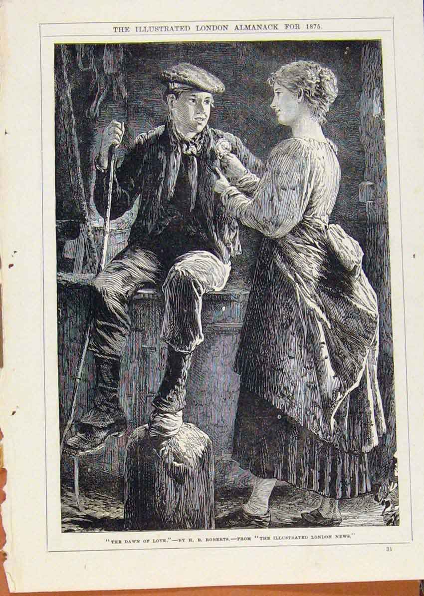 Original Old Antique Print London Almanack Dawn Love By Robberts 1875 Victorian