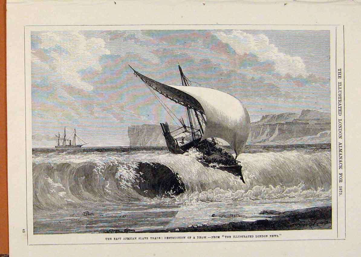 Original Old Antique Print London Almanack East African Slave Trade 1875 19th