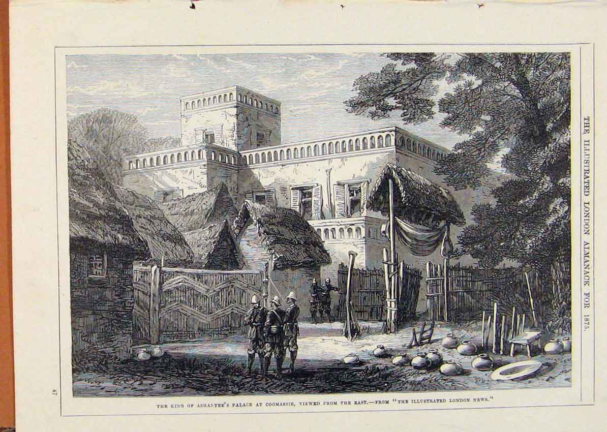 Original Old Antique Print London Almanack King Ashantee Plalace Coomassie 1875