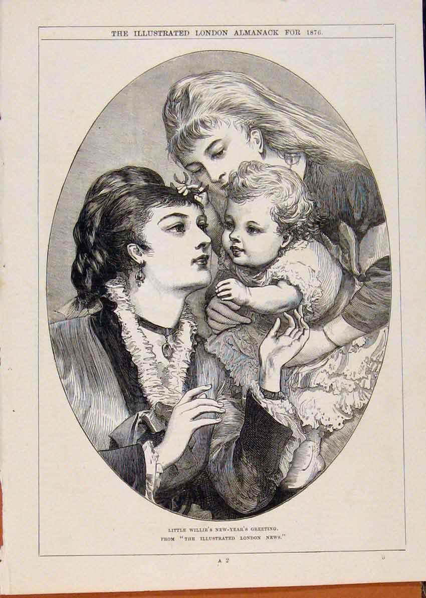 Original Old Antique Print London Almanack Little Willes New Year Greeting 1876