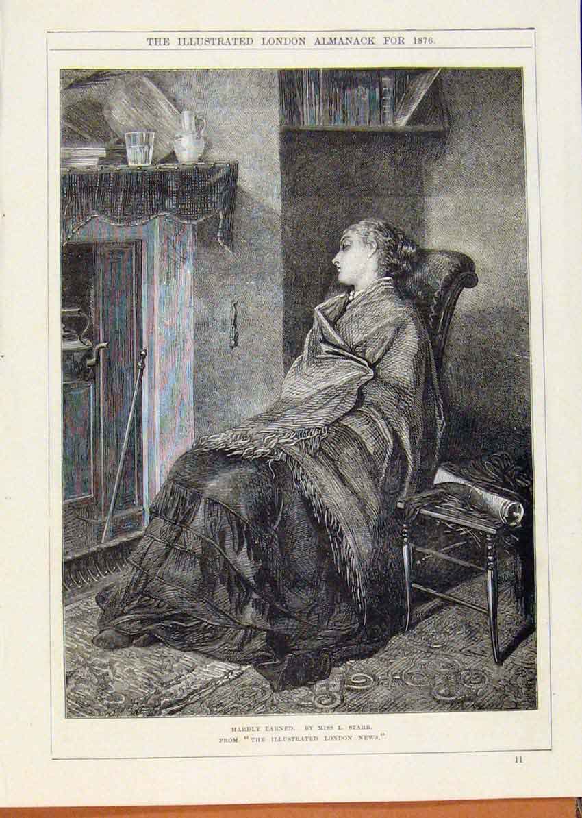 Original Old Antique Print London Almanack Hardly Earned Miss Starr 1876 19th