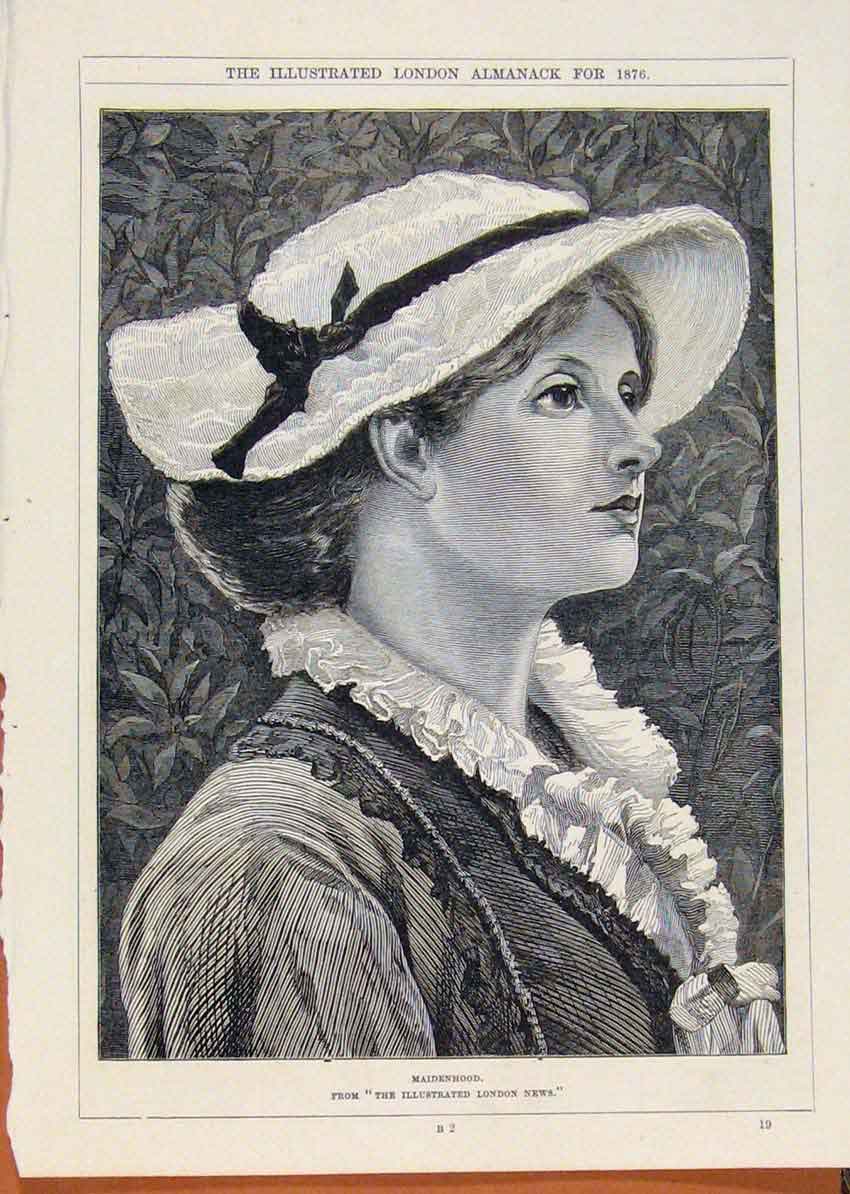 Original Old Antique Print London Almanack Maiddenhood Portrait 1876 Victorian