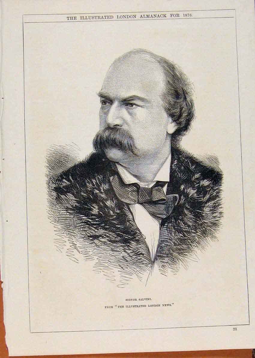 Original Old Antique Print London Almanack Signor Salvini Portrait 1876 19th