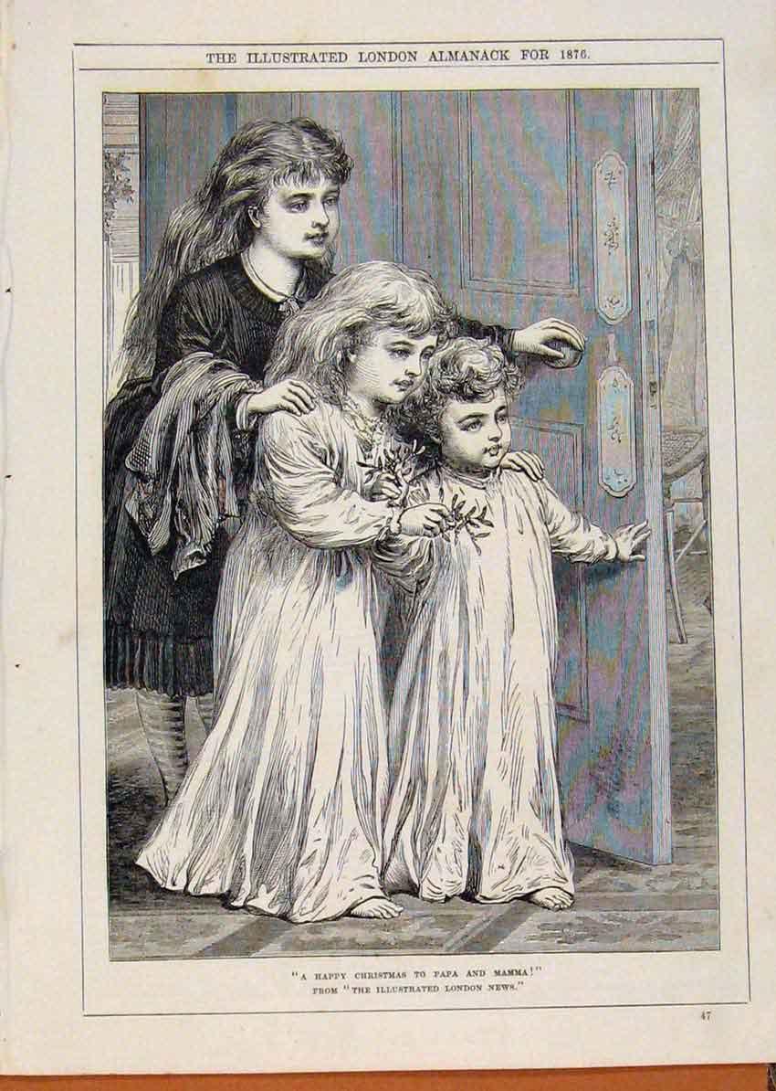Original Old Antique Print London Almanack Happy Christmas C1876 19th