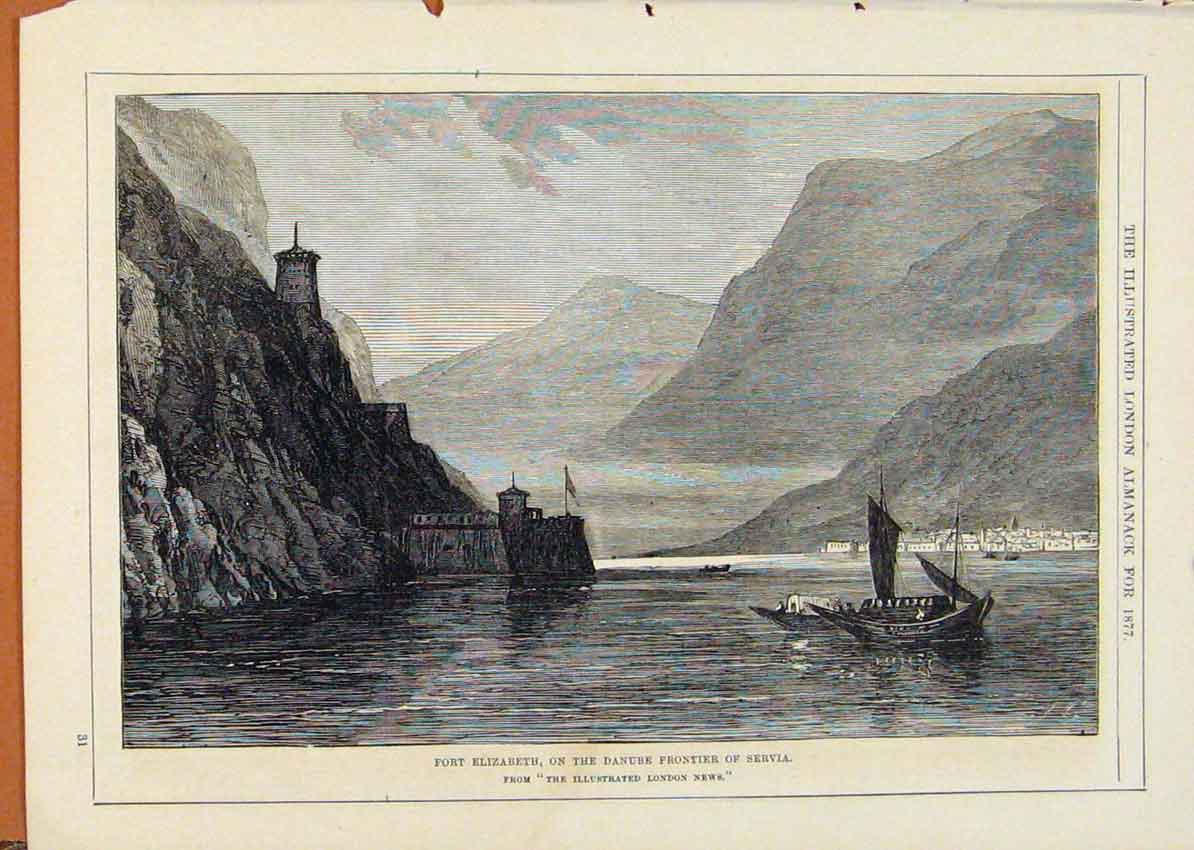 Original Old Antique Print London Almanack Port Elizabeth Danube Frontier Servia