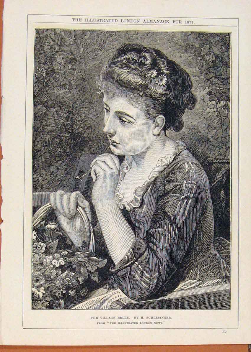 Original Old Antique Print London Almanack Village Belle By Schlesinger
