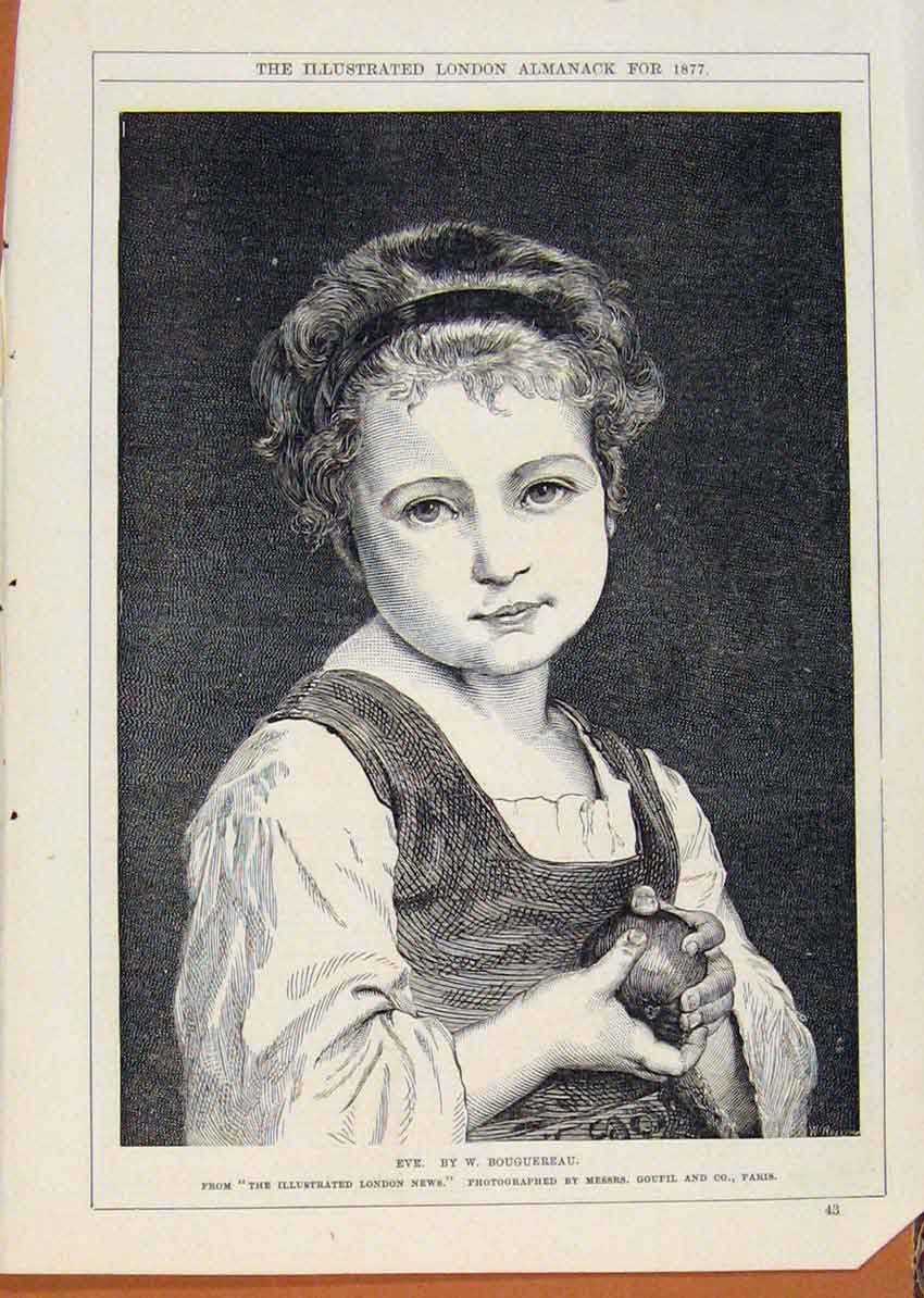 Original Old Antique Print London Almanack Eve Lady Portrait By Bouguereau