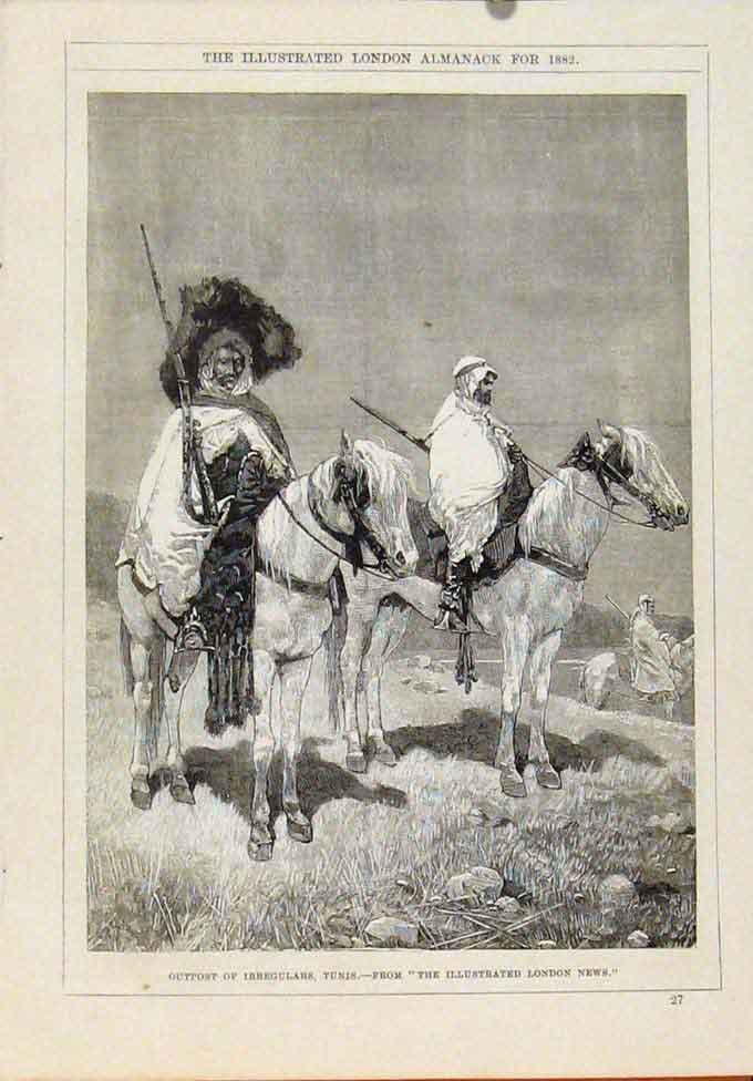 Original Old Antique Print London Almanack Outpost Irregulars Tunis