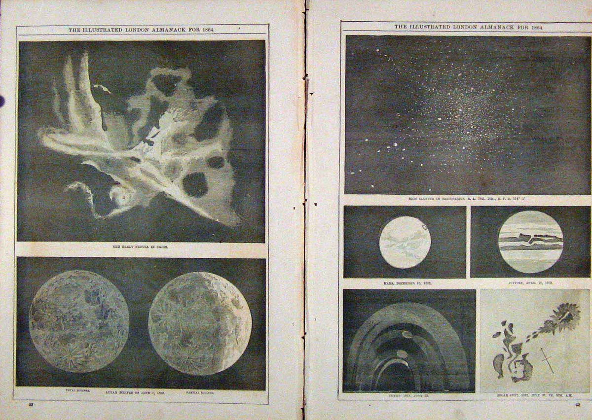 Original Old Antique Print Illustrated London Almanack Comet Solar Spot Jupiter