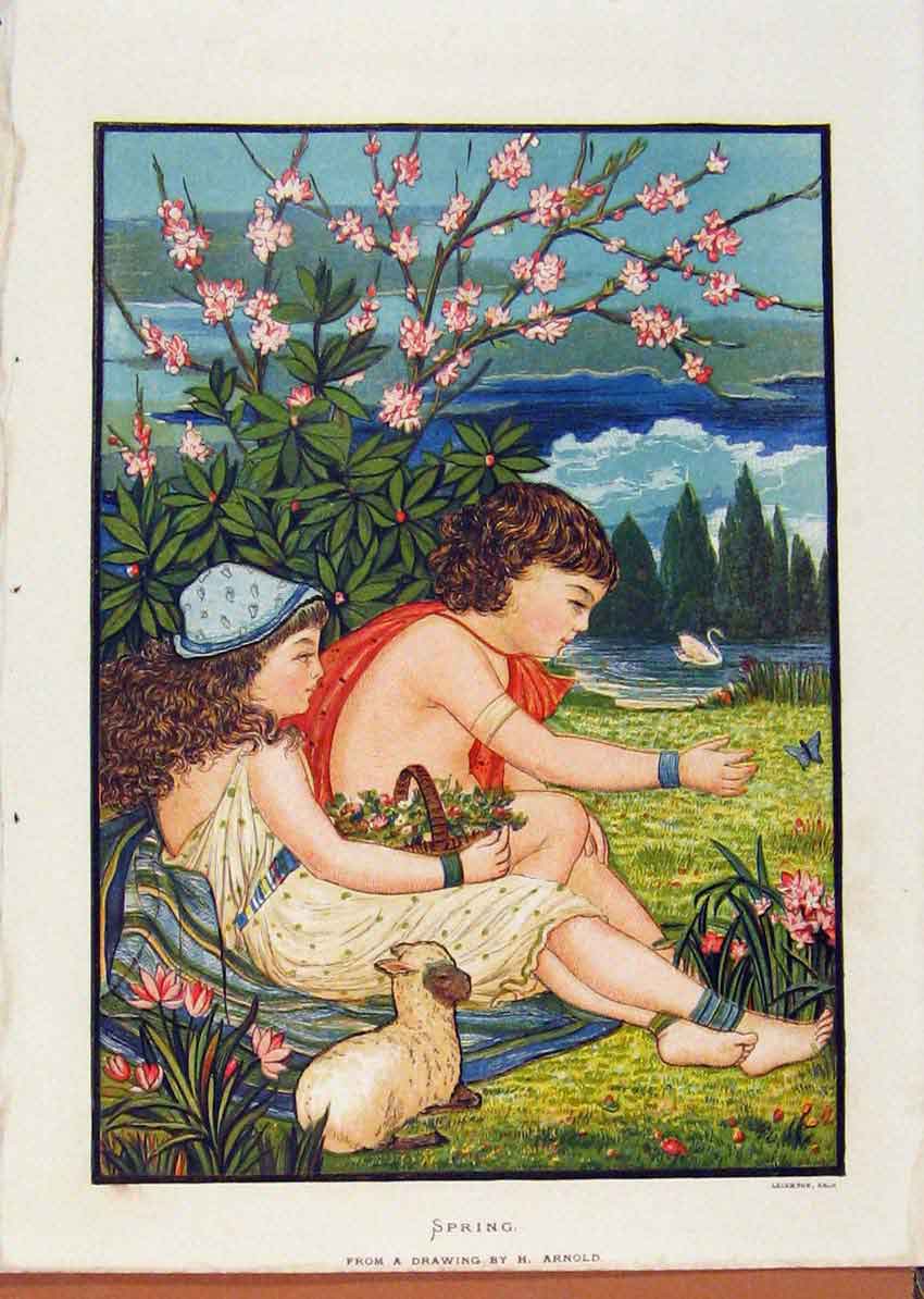 Old Antique Print Illustrated London Almanack Spring Time River Side Prin
