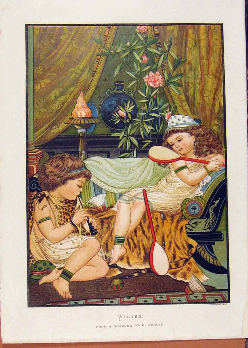 Original Old Antique Print Illustrated London Almanack Winter Indoors Children