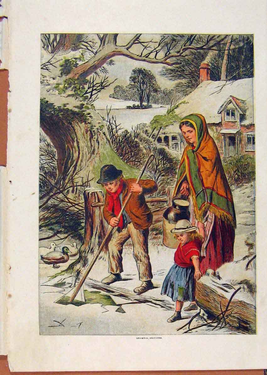 Original Old Antique Print Illustrated London Almanack Family Clearing Snow